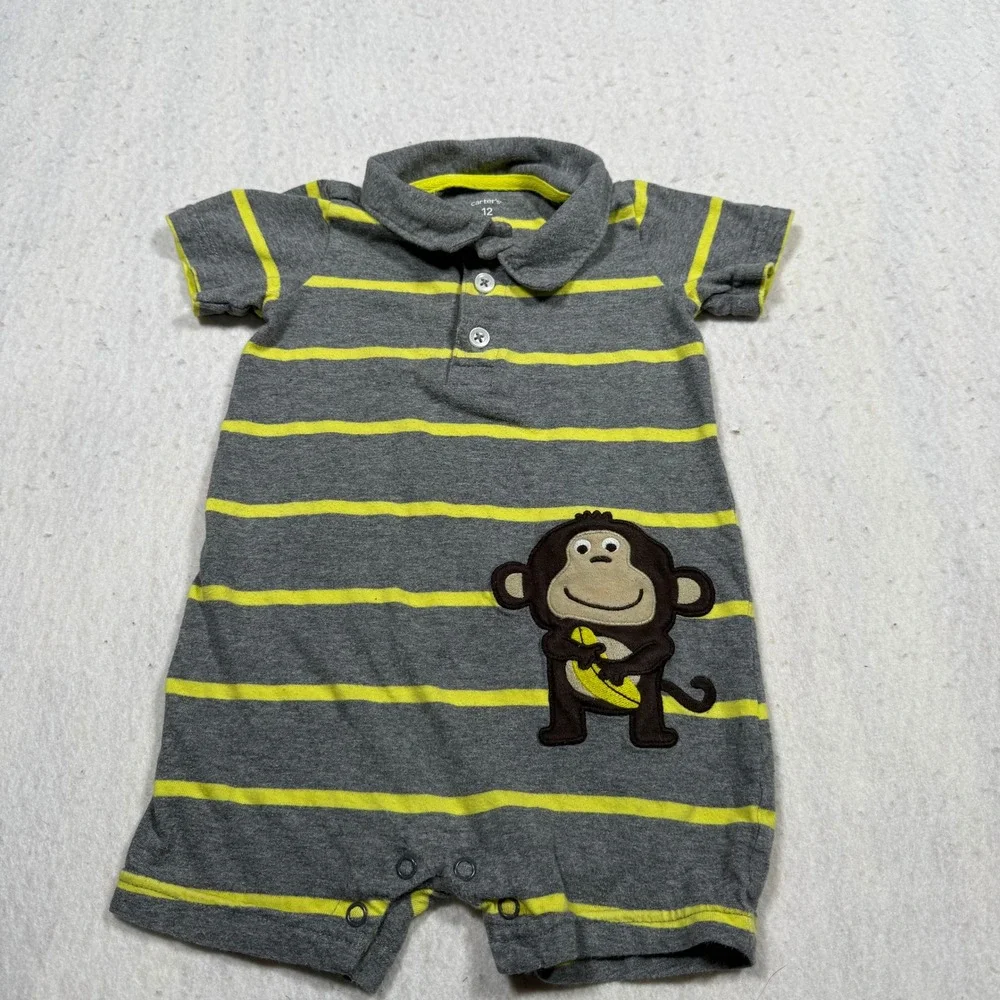 Carters Baby Boy Monkey Polo Romper Gray Yellow Striped 12 Months Short Sleeve